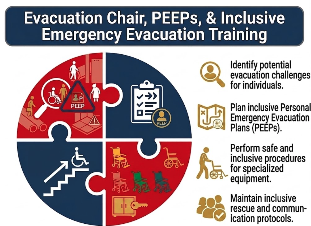 Evacuation Chair, PEEPs and Inclusive Emergency Evacuation Training graphic showing evacuation planning and assisted evacuation procedures