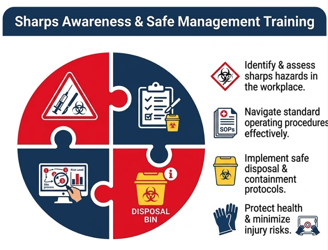 Sharps Awareness and Safe Management Training graphic showing hazard identification, SOPs, disposal and injury prevention