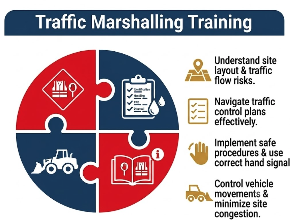 Traffic Marshalling Training graphic showing site layout, traffic control plans, hand signals and vehicle movement control